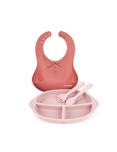 Silicone Kids Dinnerware Set - Ruby Bib and Blush Plate